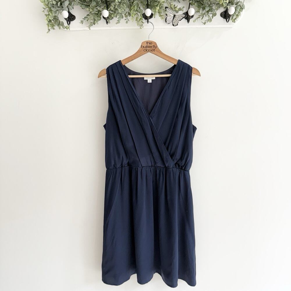 Garnet Hill Women’s 100% Silk V Neck Navy Blue Sleeveless Mini Dress Size 14